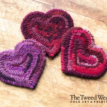 Hooked Heart Mug Rugs designed and hooked by Tish Bachleda