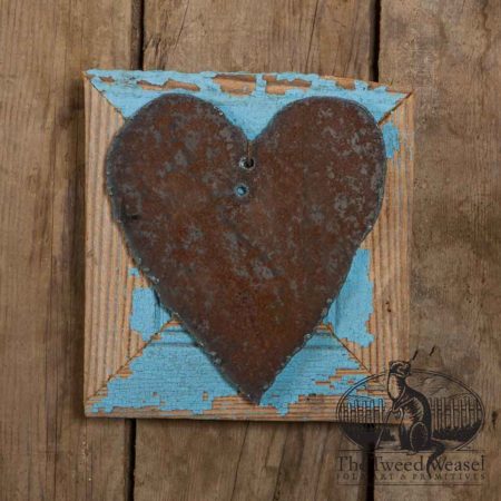 Rusty Steel Heart Mounted on Vintage Blue Wood Frame design by Tish Bachleda