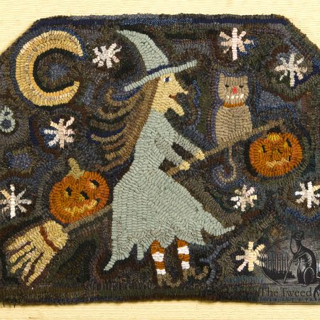 Midnight Ride hooked rug design by Tish Bachleda, showing witch flying near moon and stars with cat and jack-o-lantern sitting on broomstick.