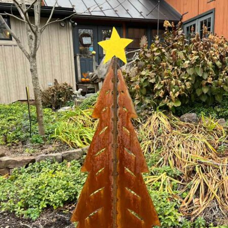 Rusted Steel Flat Christmas Tree with Gold Star Topper Designed by Mike and Tish Bachleda