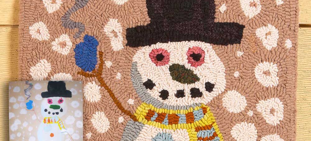 Snowman and Puppy Keepsake Rug designed and hooked by Tish Bachleda